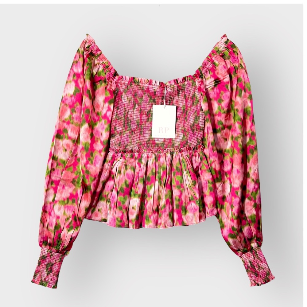 NEW Rachel Parcell Smocked Blouse Womens XS Pink Multi Floral Long Sleeve Top